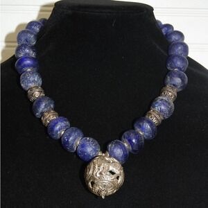 Vintage Blue Glass Chines Zodiac Horse‎ Necklace Antique Silver Amulet Charm